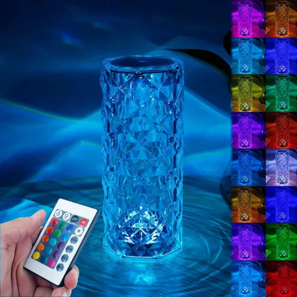 16 colors diamond rose crystal touch lamp | usb rechargeable acrylic bedside table lamp with remote