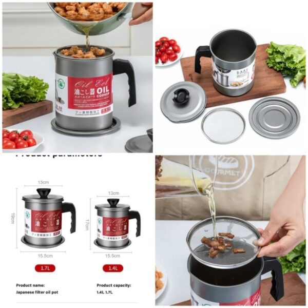 1.4l fryer oil filter pot | carbon steel body with stainless steel strainer & lid | kitchen oil storage jug