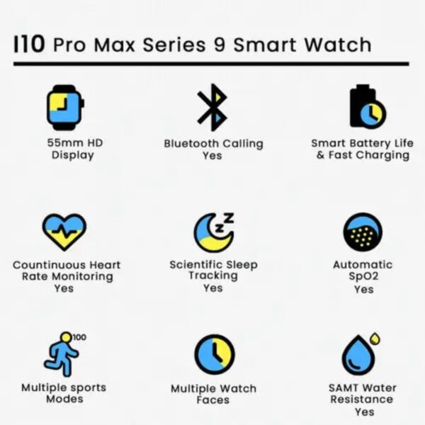 i10 pro max smart watch series 9 – bluetooth calling, hd display, fitness & health tracker | random colors