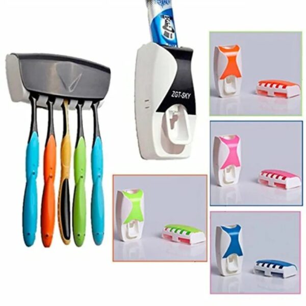 automatic toothpaste dispenser set with wall mounted toothbrush holder | random colors