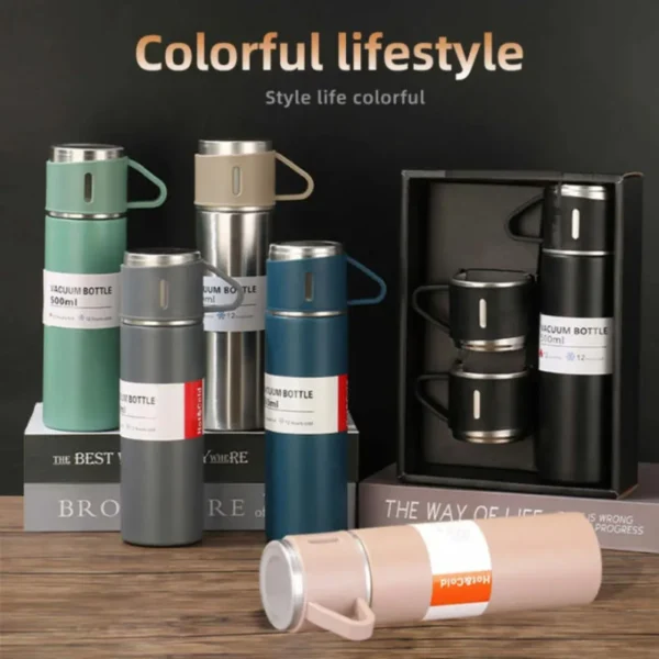 3 cup 500ml double layer stainless steel vacuum flask set | hot & cold | random color