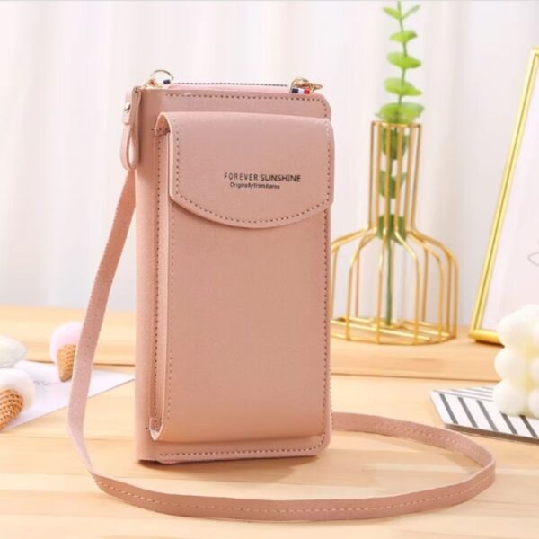 portable soft leather women’s crossbody bag | wallet & mobile phone purse | pink color