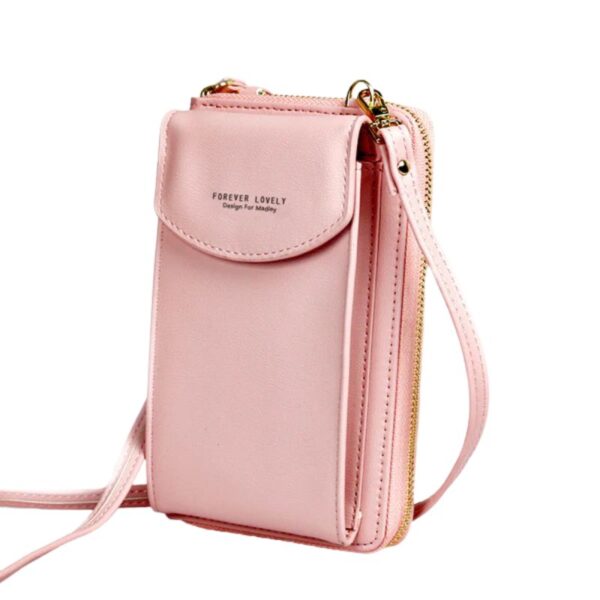 portable soft leather women’s crossbody bag | wallet & mobile phone purse | pink color
