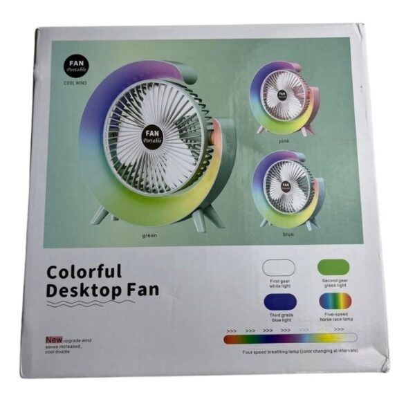 colorful desktop fan | usb rechargeable, silent, 3 speed with led ambient light