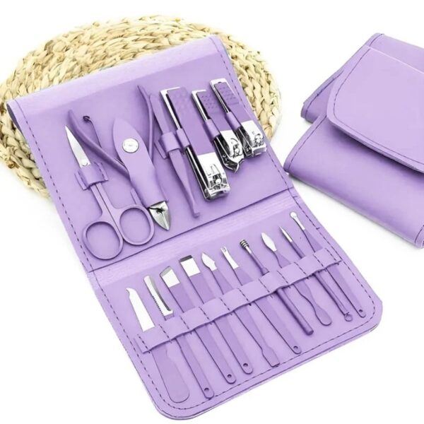 16 pcs stainless steel color coated manicure and pedicure set with leather case for travel and home use | random color