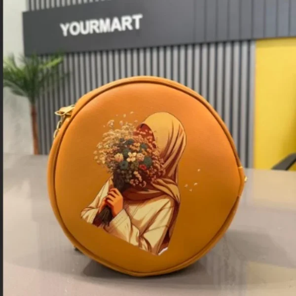 round retro crossbody handbag | stylish caramel bag with printed artwork for women