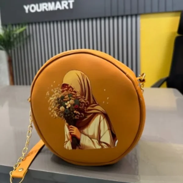 round retro crossbody handbag | stylish caramel bag with printed artwork for women