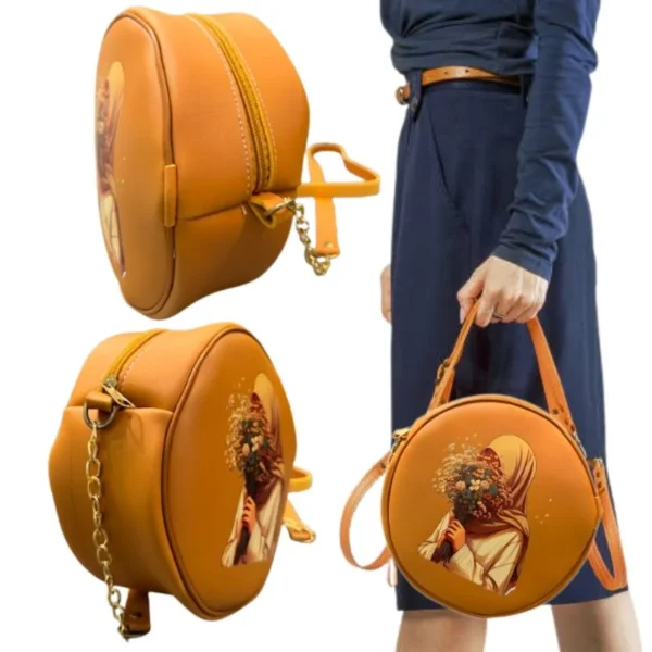 round retro crossbody handbag | stylish caramel bag with printed artwork for women