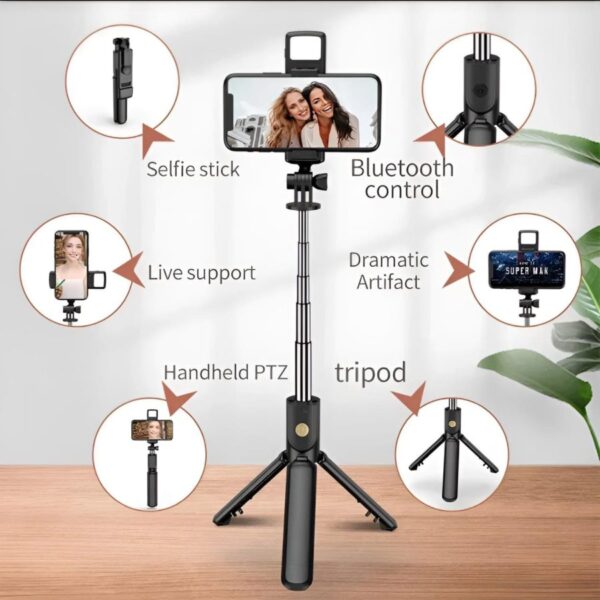 r1s bluetooth selfie stick tripod with remote control | 360° foldable selfie rod for phone & action camera with led light