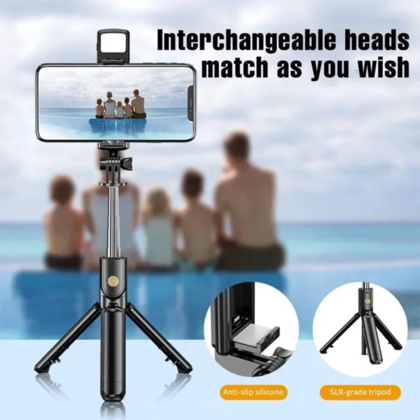 r1s bluetooth selfie stick tripod with remote control | 360° foldable selfie rod for phone & action camera with led light